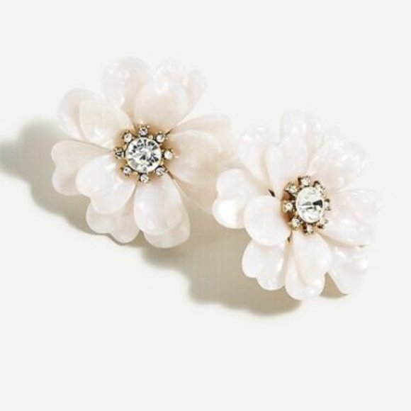 J Crew Full Bloom Floral Resin & Crystal Statement Earrings - White - Picture 3 of 7